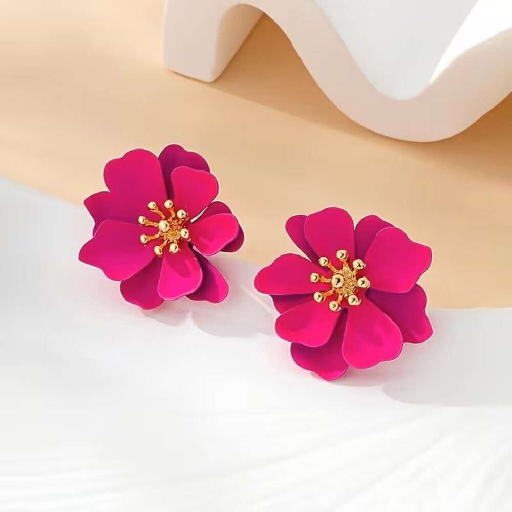 Hot Pink Floral Flower Earrings Z159